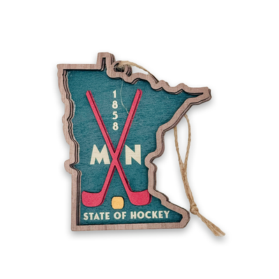 Minnesota State Shaped State of Hockey 3 Layer Wood Ornament