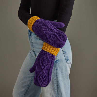 Purple & Gold Trim Cable Knit Mittens