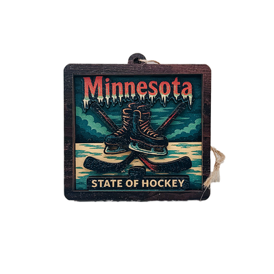 Minnesota State of Hockey 4 Layer Square Wood Ornament