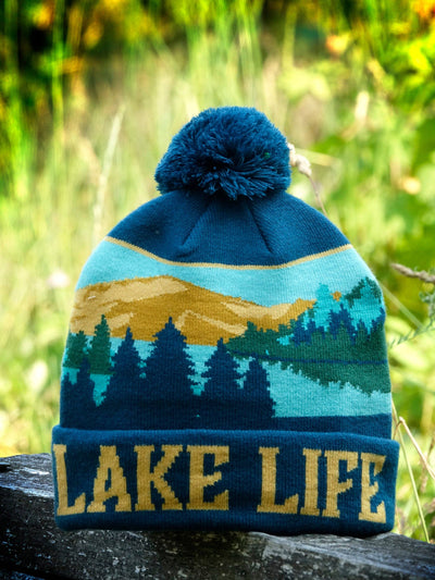Lake Life Knit Beanie Winter Hat with Pom Pom Scenic Mountain Lake Camping Style