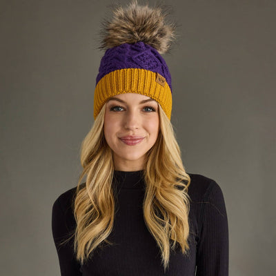 Purple & Gold Trim Cable Knit Pom Hat