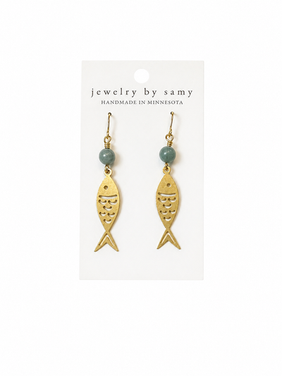 Gold Fish Dangle Earrings with Stone Bead – Lake Jewelry