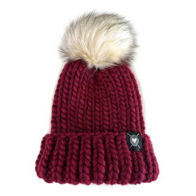 Merino Folded Brim Faux Fur Pom-Pom Beanie in Ruby