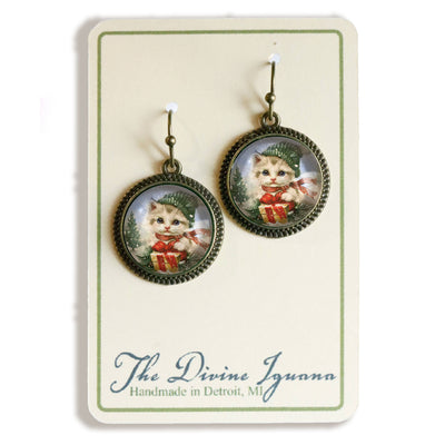 Fluffy Christmas Kitten Glass And Bronze Earrings