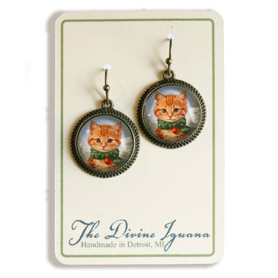 Christmas Orange Tabby Cat Glass And Bronze  Earrings