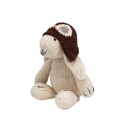 Handmade Knit White Bunny with Aviator Hat Toy