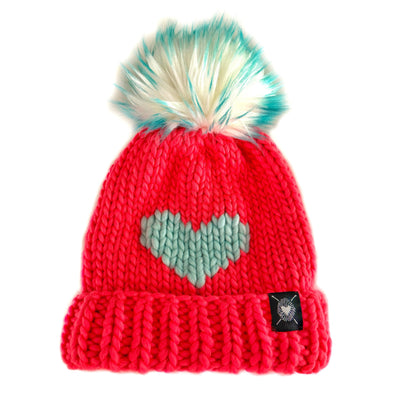 Luxury Big Heart Pom-Pom Beanie in Neon Orange + Sea Glass