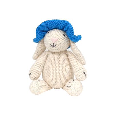 Handmade Knit White Bunny with Blue Sun Hat Toy