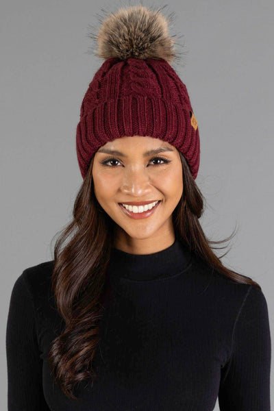 Burgundy Cable Knit Design Pom Hat