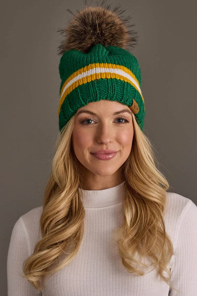 Green, Gold & White Knit Pom Hat