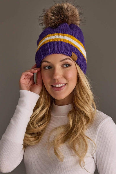 Purple, Gold & White Knit Pom Hat