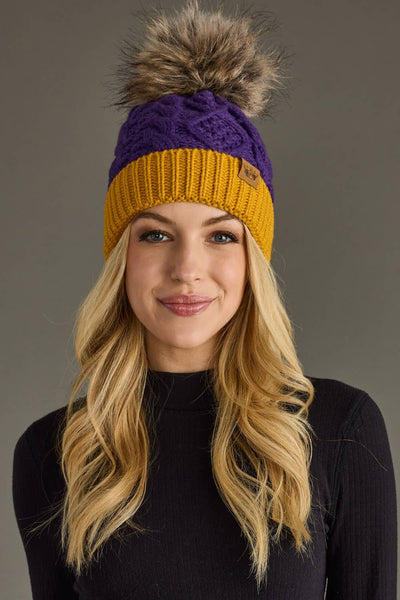 Purple & Gold Trim Cable Knit Pom Hat