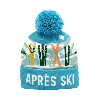 Après Ski Knit Beanie Hat with Pom Pom and Winter Ski Gear Scene