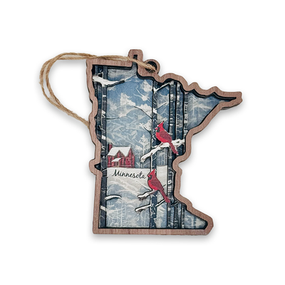 Minnesota State Shape Snowy Cardinal 4 Layer Wood Ornament