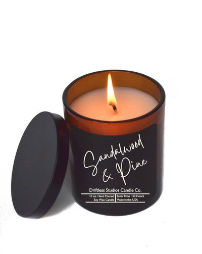 Sandalwood & Pine Soy Candle - 10oz Jar With Lid Black Label