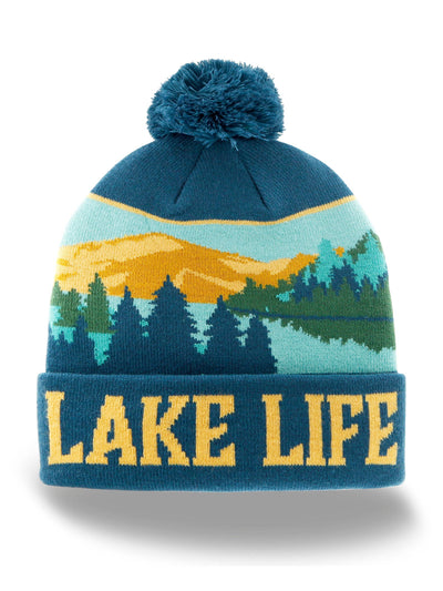 Lake Life Knit Beanie Winter Hat with Pom Pom Scenic Mountain Lake Camping Style