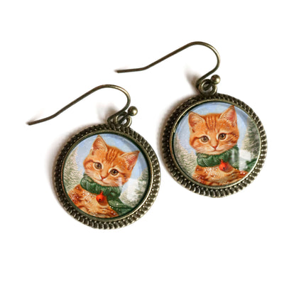 Christmas Orange Tabby Cat Glass And Bronze  Earrings