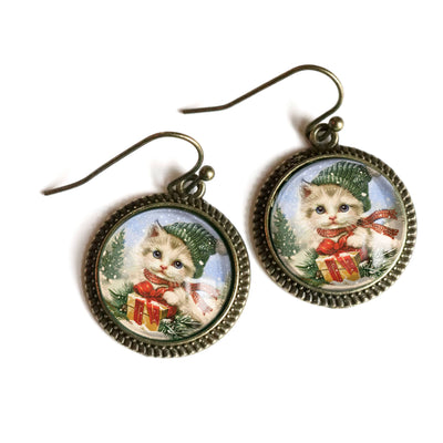 Fluffy Christmas Kitten Glass And Bronze Earrings