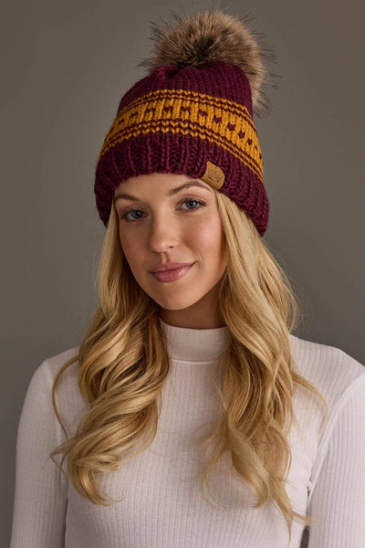 Maroon & Gold Patterned Knit Pom Hat
