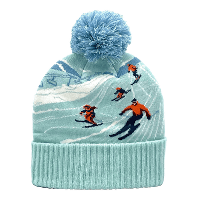 Winter Skiing Pattern Knit Beanie with Pom Pom for Ski Resorts and Snow Trips