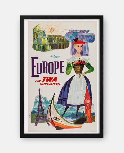 Europe – Fly Twa Vintage Travel Poster Print Framed