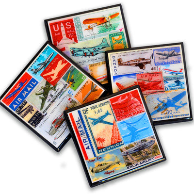 Vintage Airplane Collage Drink Coaster Set