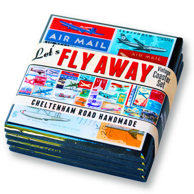 Vintage Airplane Collage Drink Coaster Set