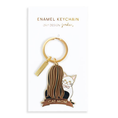 Cat Keychain - White Cat & Brunettes Hair