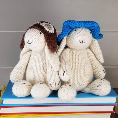 Handmade Knit White Bunny with Aviator Hat Toy