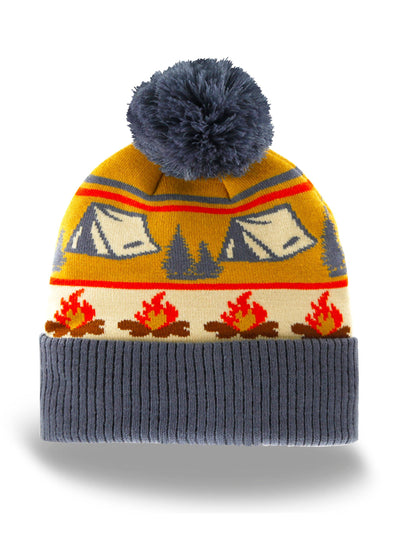 Camping Beanie with Tents and Campfire Pattern, Warm Winter Knit Hat for Outdoor Hiking