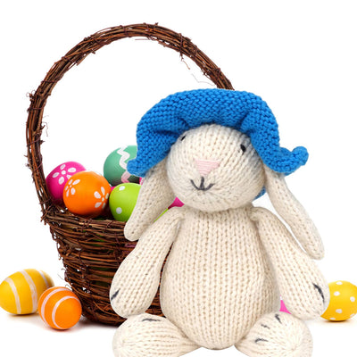 Handmade Knit White Bunny with Blue Sun Hat Toy