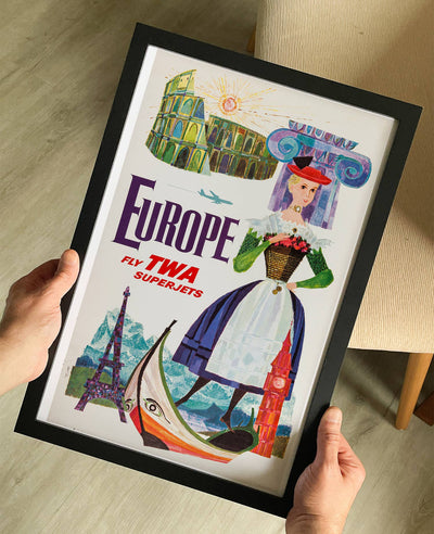 Europe – Fly Twa Vintage Travel Poster Print Framed