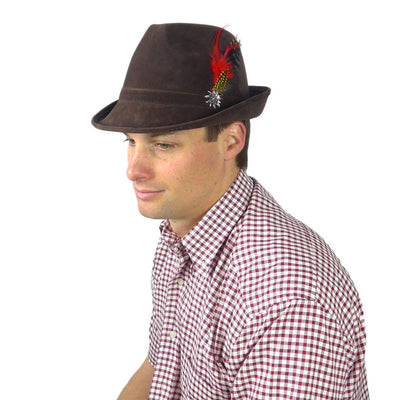 German Hunter Brown Hat Fedora with Edelweiss pin & Feather