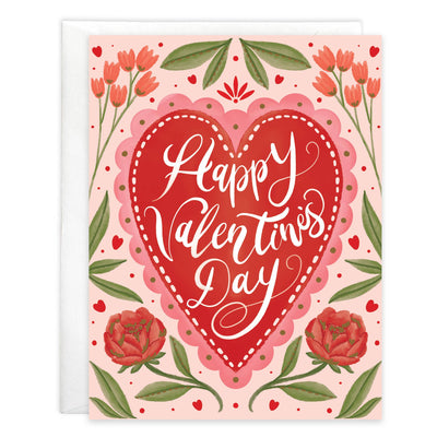 Valentine Greeting Card - Scallop Heart and Flowers