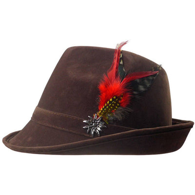German Hunter Brown Hat Fedora with Edelweiss pin & Feather