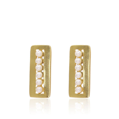 Mini pearl adorned rectangular earrings in gold - sale