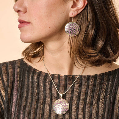 Etched Silver & Purple Medallion Earrings