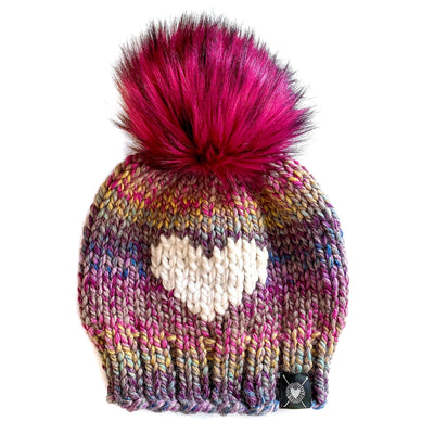 Big Heart Faux Fur Pom-Pom Beanie in Astroland Love Baby/You