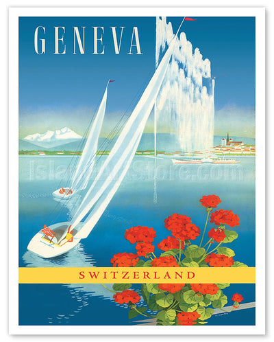 Geneva, Switzerland - Water Jet Fountain Lake Geneva - c. 1950 12"x18" Print