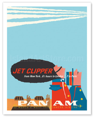 New York - 6.5 Hours to London - 7 to Paris - Jet Clipper Pan American World Airways - c. 1958 12"x18" Print