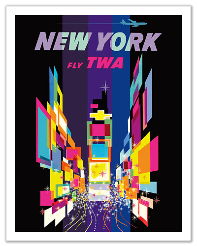 Fly TWA New York (Times Square, David Klein) c. 1958 12x18 Master Art Print PRTB3031