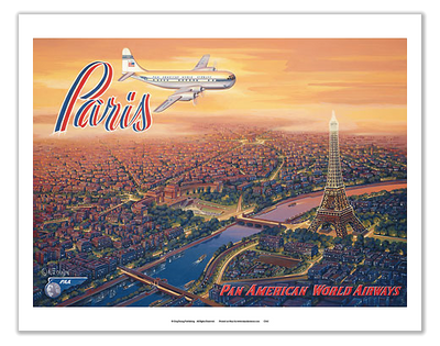 Pan Am Over Paris (Eiffel Tower & Boeing 377 Stratocruiser, Kerne Erickson) 12x18 Master Art Print PRTBCS42
